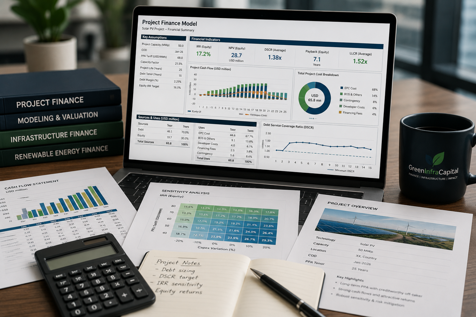 Infrastructure finance professionals reviewing investment documents in a meeting room